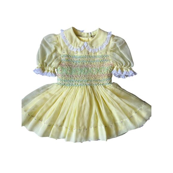 Vintage Other - Vintage handmade baby girls smocked dress with slip yellow lace frilly 3-6 mos